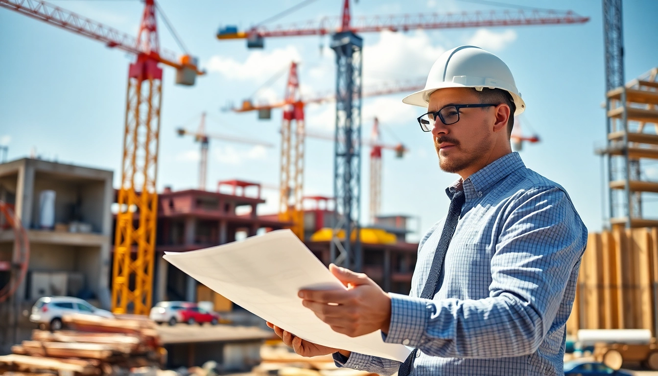 New Jersey Construction Manager analyzing blueprints amidst an active construction site.