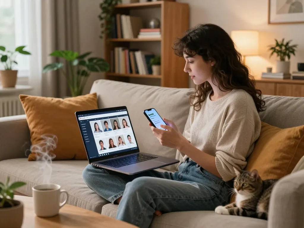 Interactive SpicyChat session on a laptop in a cozy living room with a young woman using AI avatars.