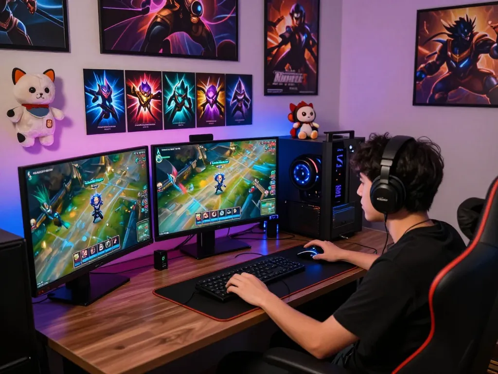 Engaging mythic shop rotation scene depicting a passionate League of Legends player with vibrant skins and collectibles.