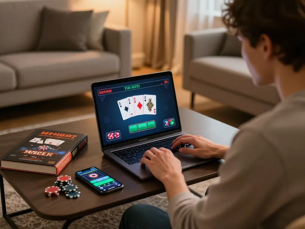 Engaging in online blackjack at trang chủ cm88 with a cozy home gaming setup.