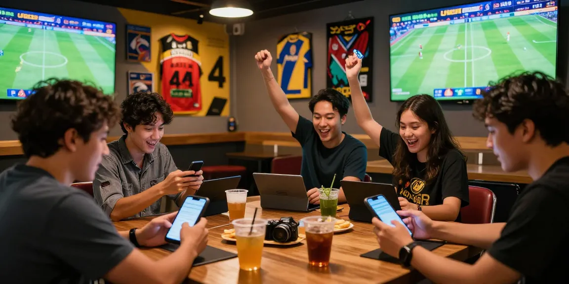 Excited friends placing bets on ufabet in a dynamic sports lounge.