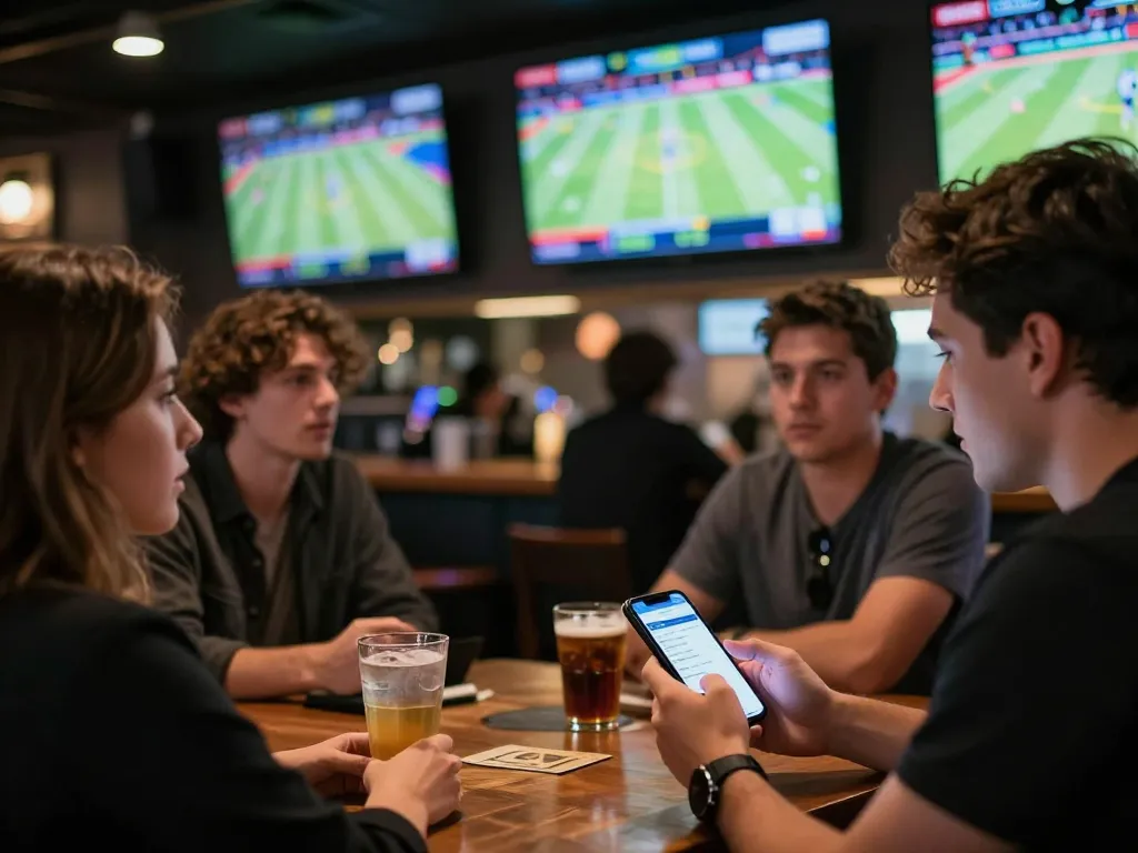 Bet on live sports with O8, patrons watching games in a lively sports bar setting.
