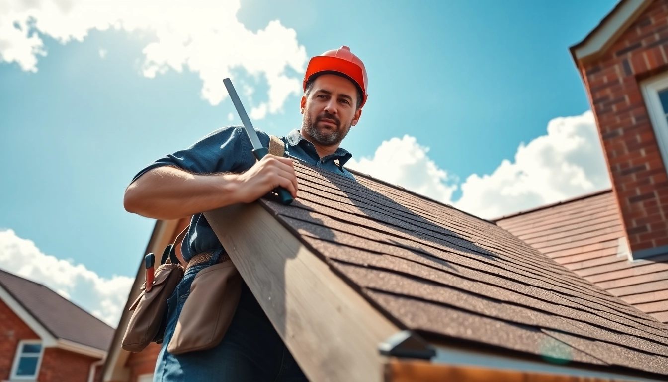 Roofing contractor inspecting a home roof with tools, showcasing professional expertise.