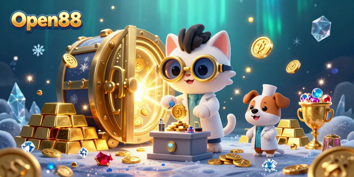 Engage with Open88's thrilling casino atmosphere showcasing gold coins, gems, and innovative game elements.