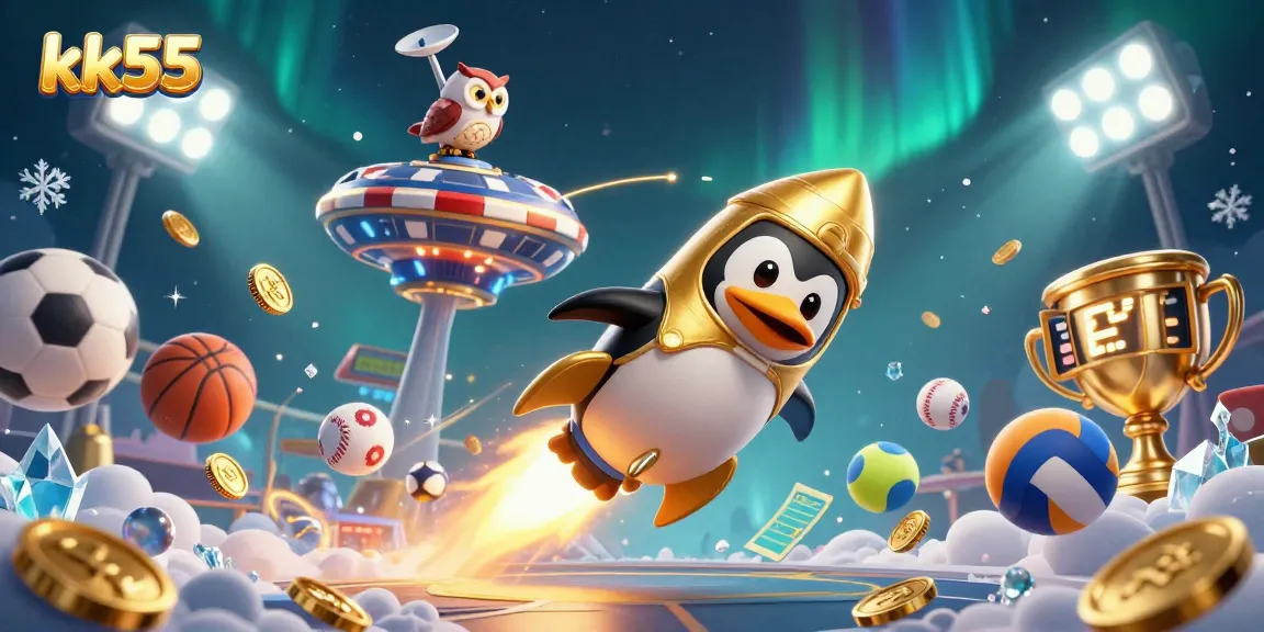 kk55 penguin soaring toward a casino space station with dynamic sports elements surrounding it