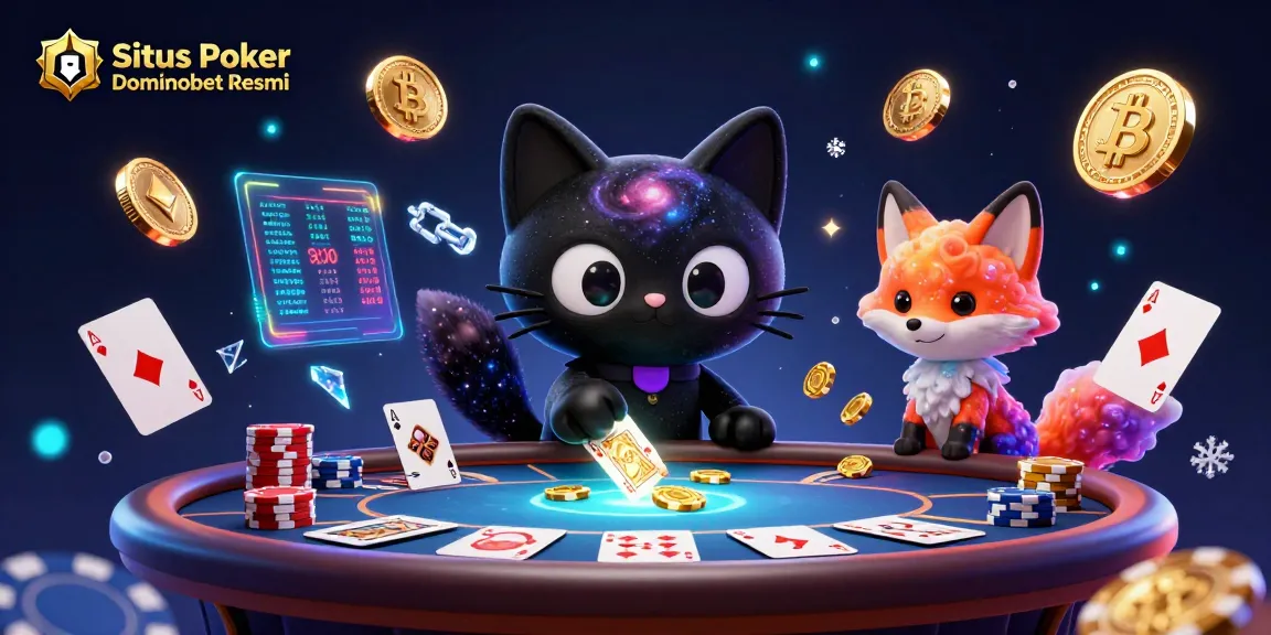 Situs Poker Dominobet Resmi illustration attracting players with vibrant poker elements and cosmic creativity.
