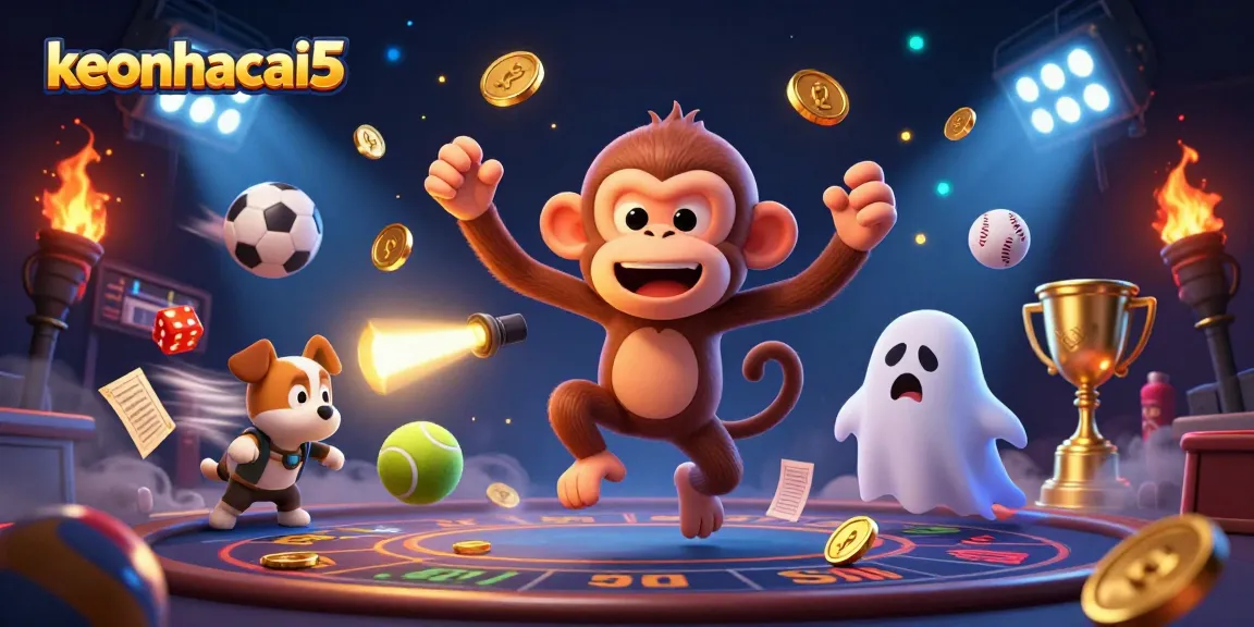 Engage with keonhacai5 as a playful monkey juggles gold in a vibrant haunted casino atmosphere.