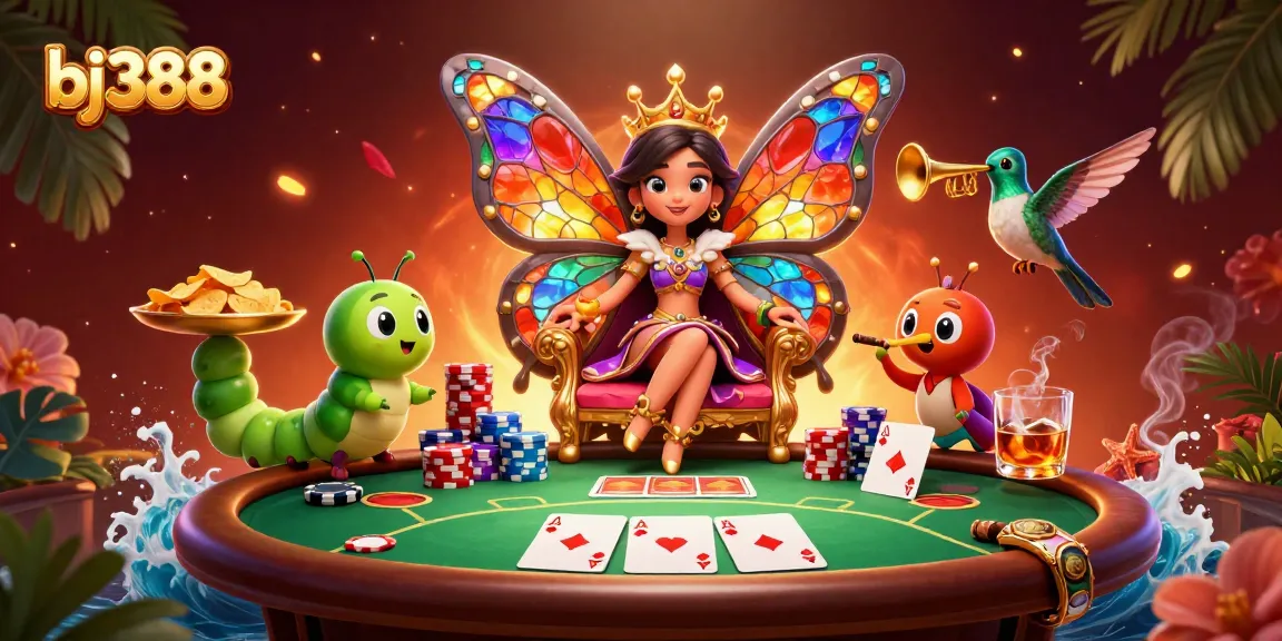 Play at bj388's vibrant casino scene with animated characters, poker chips, and lively games.