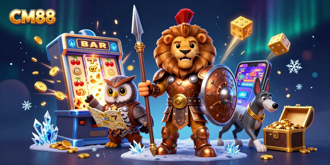 Experience CM88's thrilling casino adventure with iconic characters amidst vibrant slot game excitement.