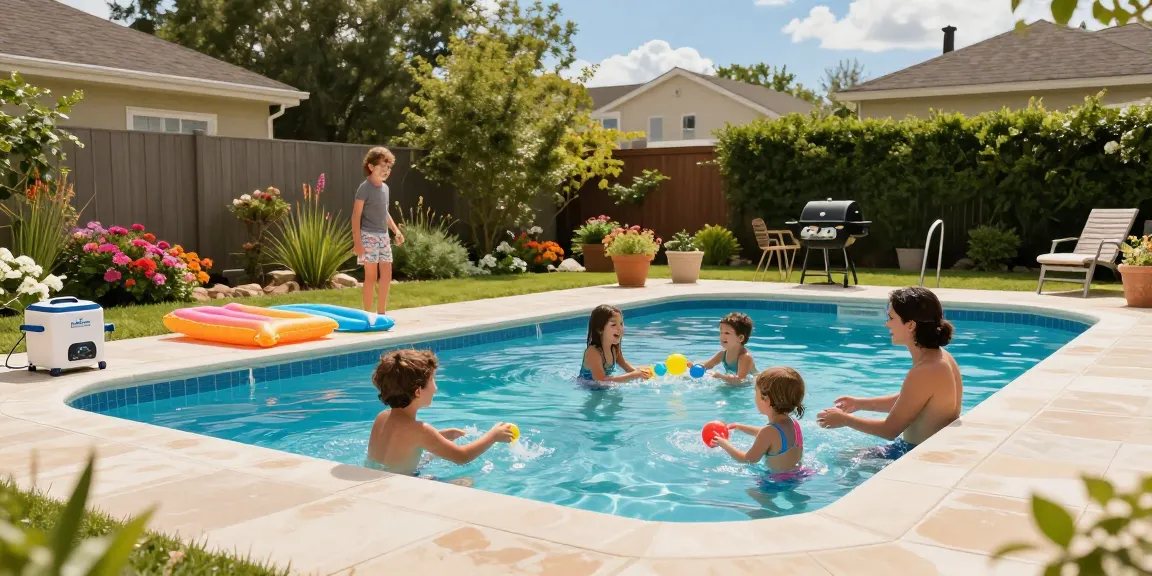 Dolphin Pool Services maintaining beautifully kept family pool with vibrant garden and joyful atmosphere.