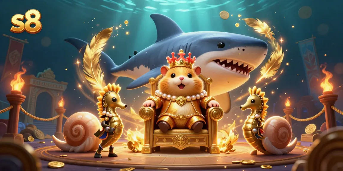 S8 casino thrills with a golden hamster king on a megalodon throne amidst chaotic betting fun.