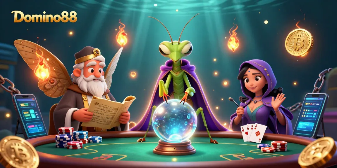 Engage with Domino88 poker strategies while observing a vibrant casino scene in a mystical setting.