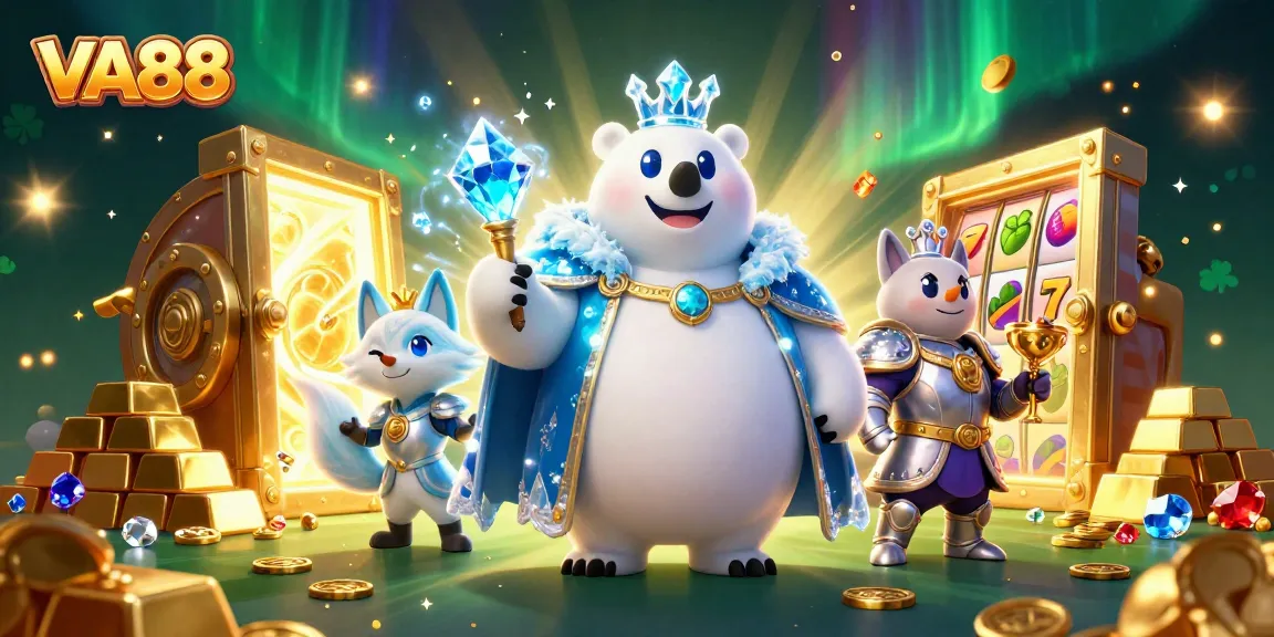 Experience winning excitement at VA88 with cartoon characters amid shimmering treasures and dynamic slot reels.