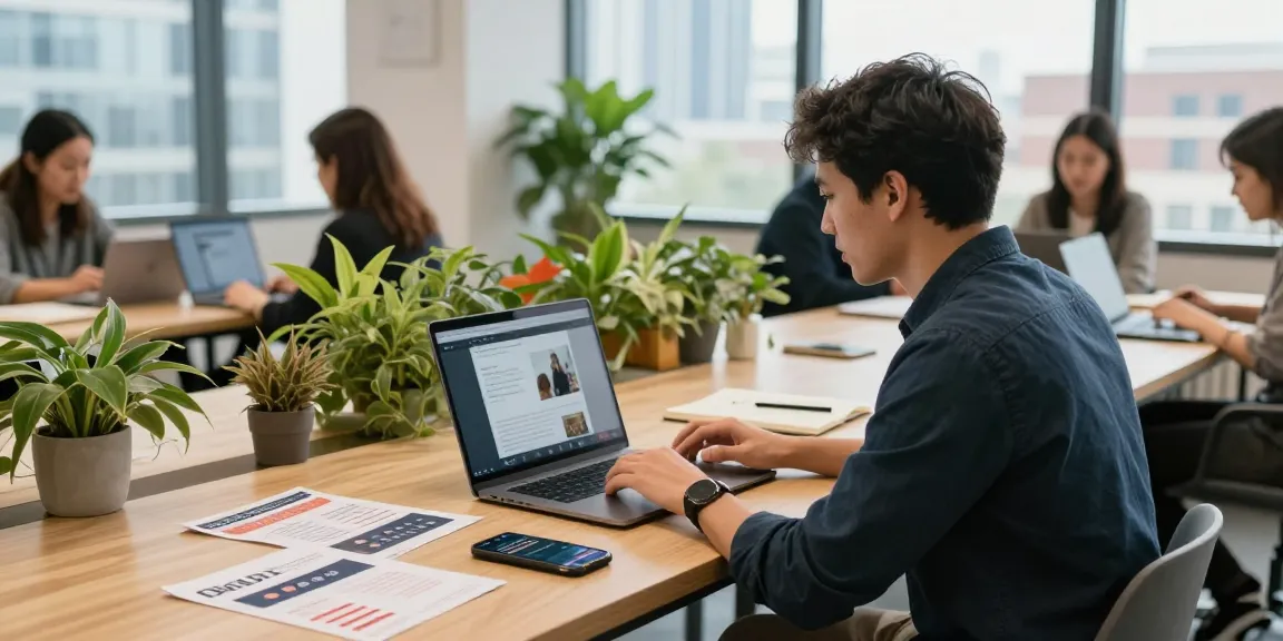 Entrepreneur discussing effective websites for start ups in a modern co-working space.