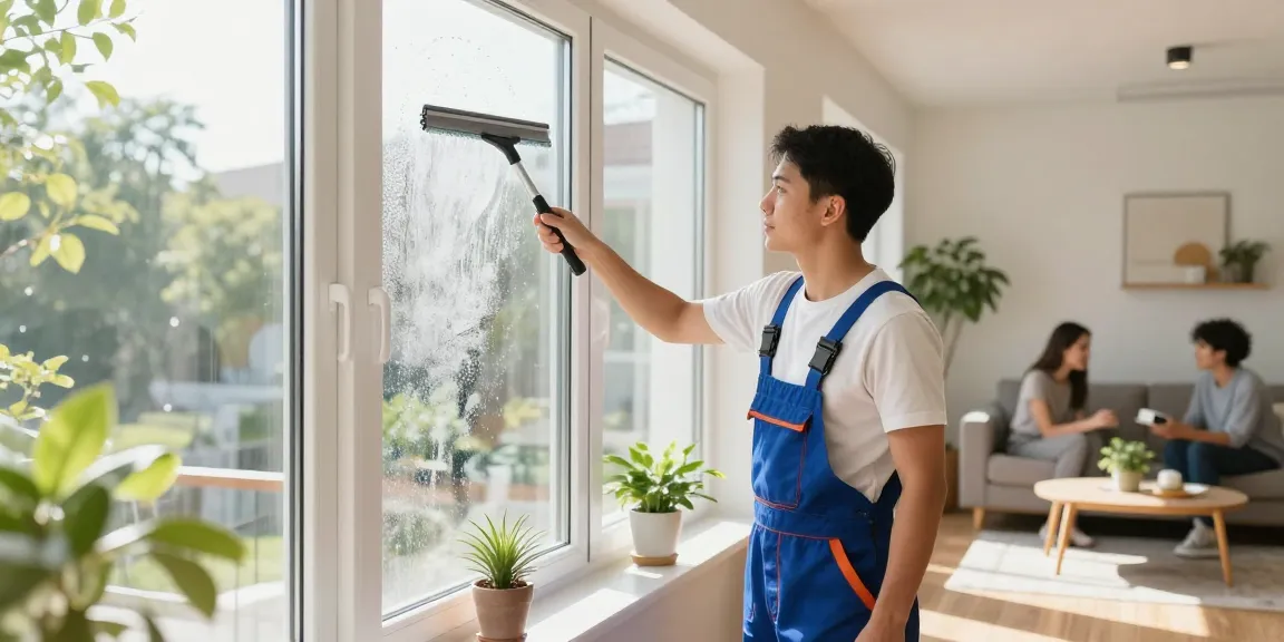 Expert fensterreinigung bern service in a well-lit home interior with sparkling windows and a happy family.