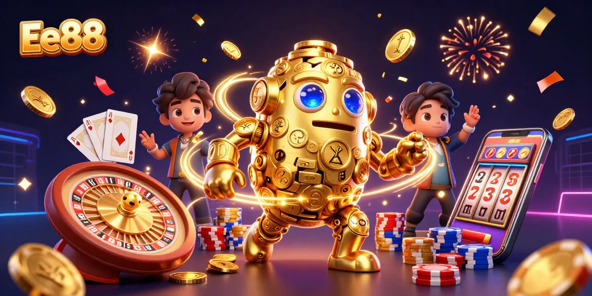 Watch Ee88 come alive in a vibrant 3D casino scene filled with golden golems and lively game elements.