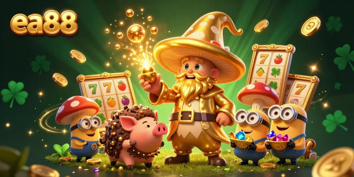 Experience thrilling jackpots and magical winnings with ea88's vibrant 3D illustration featuring golden treasures.