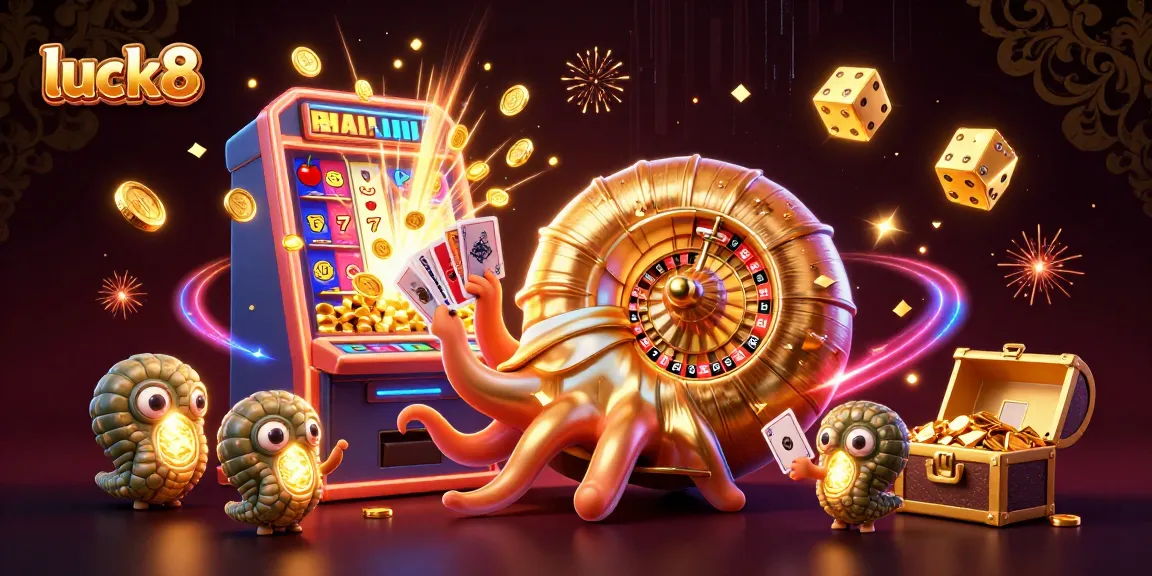 Win big at luck8 while enjoying a vibrant 3D slot machine bursting with treasures and casino symbols.