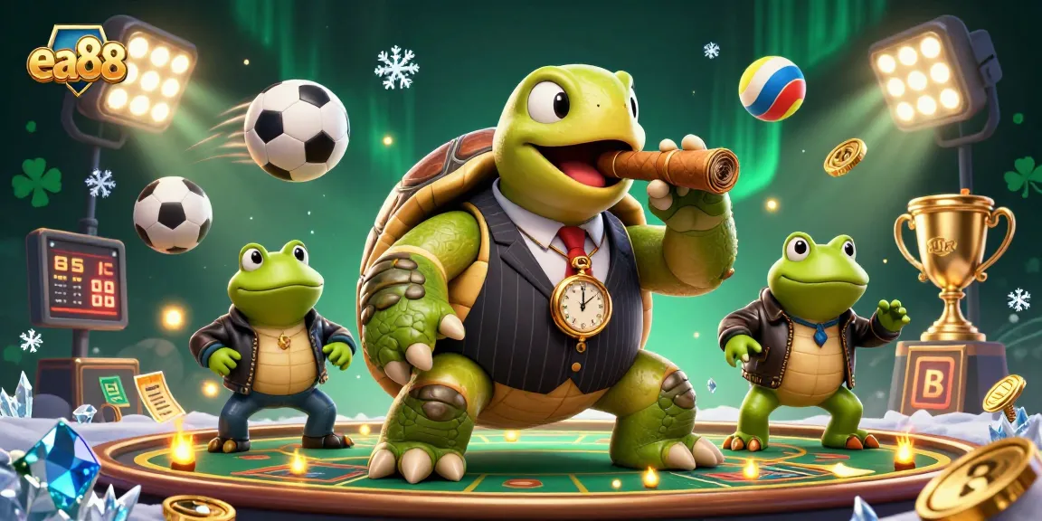 Engage with thrilling bets at ea88, featuring a turtle mobster and frog enforcers in a vibrant casino.