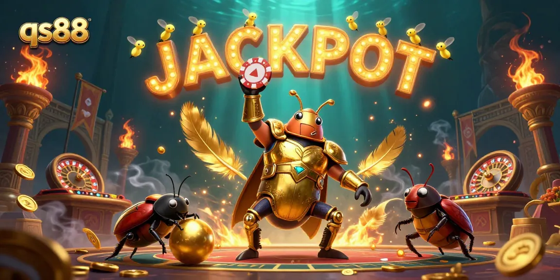 Win big with qs88: A heroic beetle lifts a poker chip in a vibrant live casino scene.