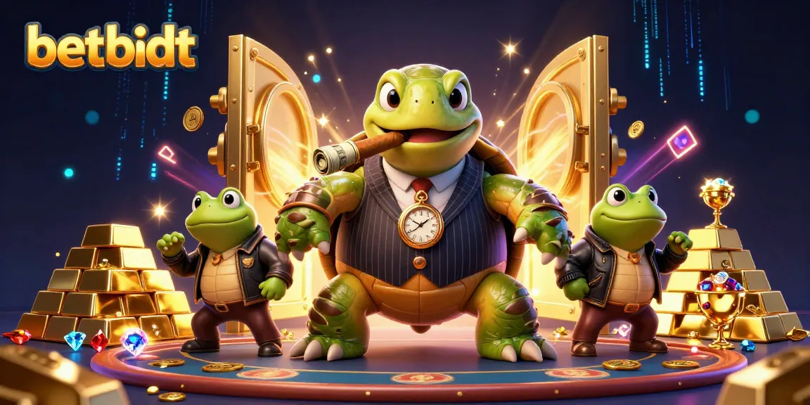 Experience the lively world of betbdt, featuring a mobster turtle and froggy enforcers amidst casino treasures.
