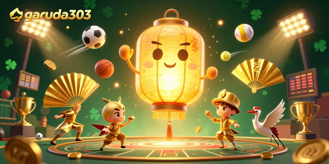Engage with vibrant casino elements and 3D characters depicting garuda303 online gaming experience.