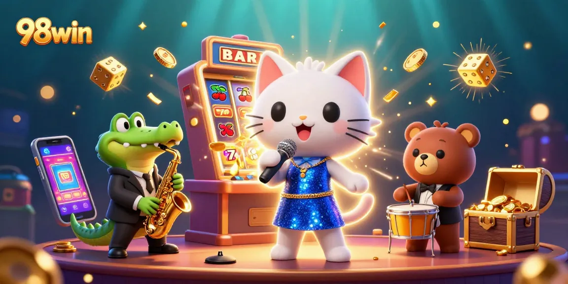 Experience the thrill of winning at 98win with a vibrant casino scene featuring musical characters and jackpot excitement.
