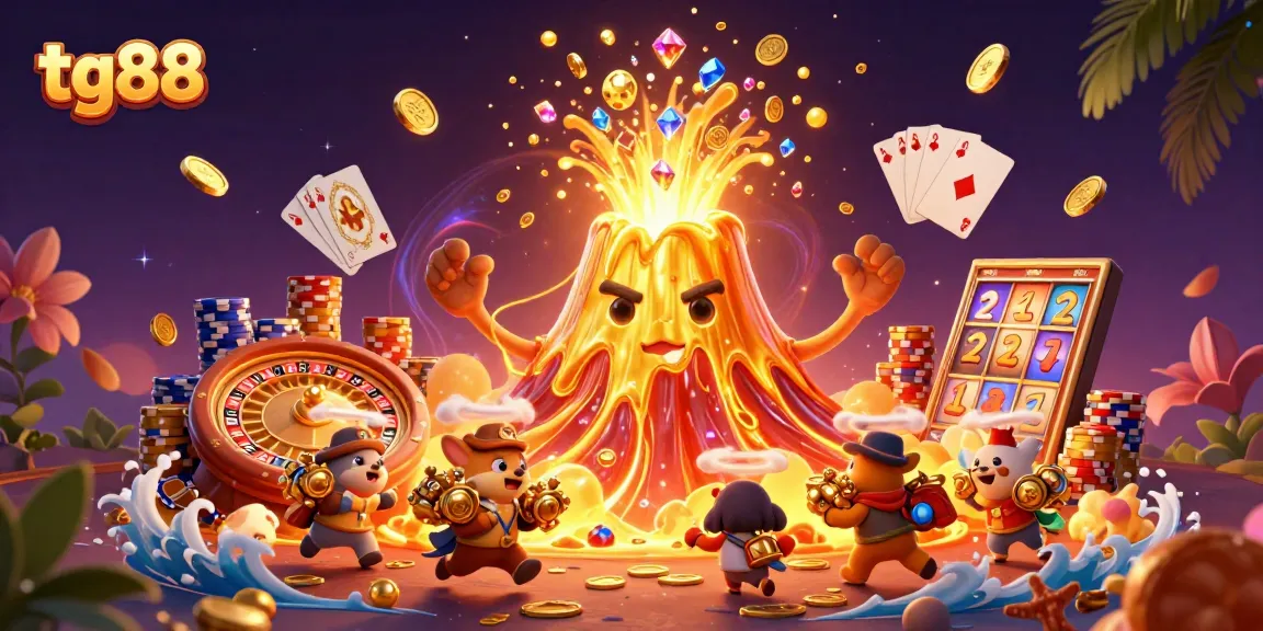 Experience the thrill of tg88 with vibrant slots and dynamic game elements amidst a treasure eruption.