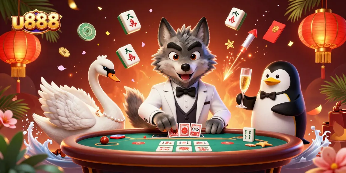 Experience the excitement at u888 with a vibrant cartoon illustration featuring characters at a baccarat table.