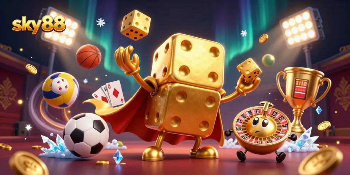 Join the sky88 excitement with a lively casino scene featuring golden dice and dynamic sports elements.