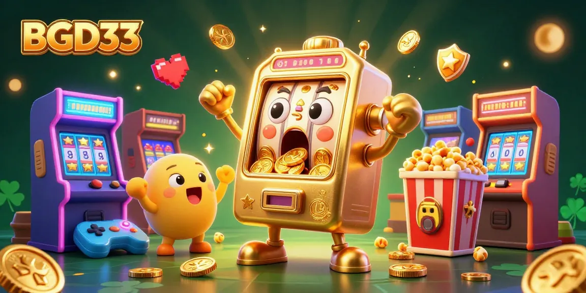 Join the excitement at BGD33 with a vibrant gaming scene featuring golden slot machines and cheering arcade elements.