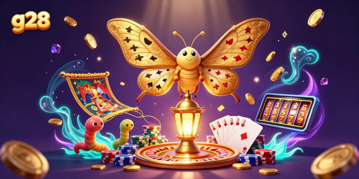 Experience the thrill of g28 gaming with extravagant casino-themed visuals featuring a 3D atlas moth.