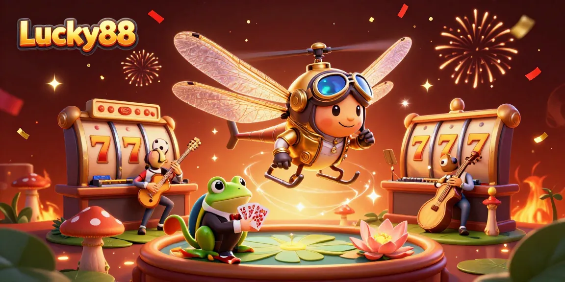Lucky88 thrilling scene with a dragonfly pilot at a lily pad casino and card-playing frog, celebrating wins.