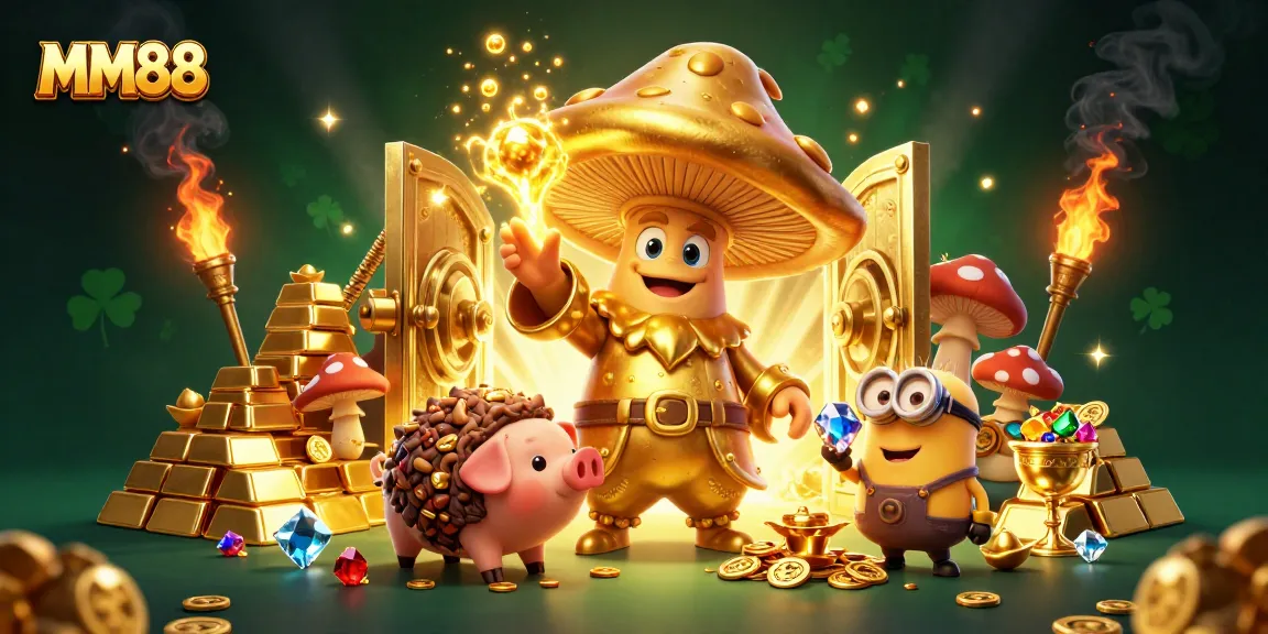 Experience the thrill of MM88 with a wizard and treasure-hunting pig in a vibrant casino world.