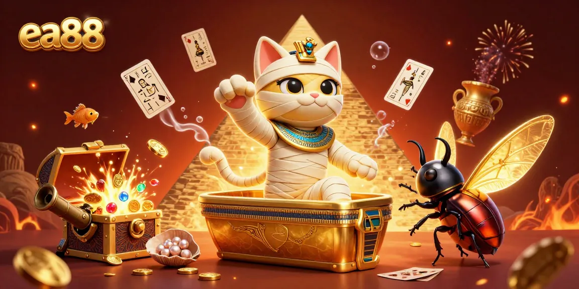 Explore exciting gameplay at ea88 with a 3D mummy cat and gold treasures bursting from a casino.