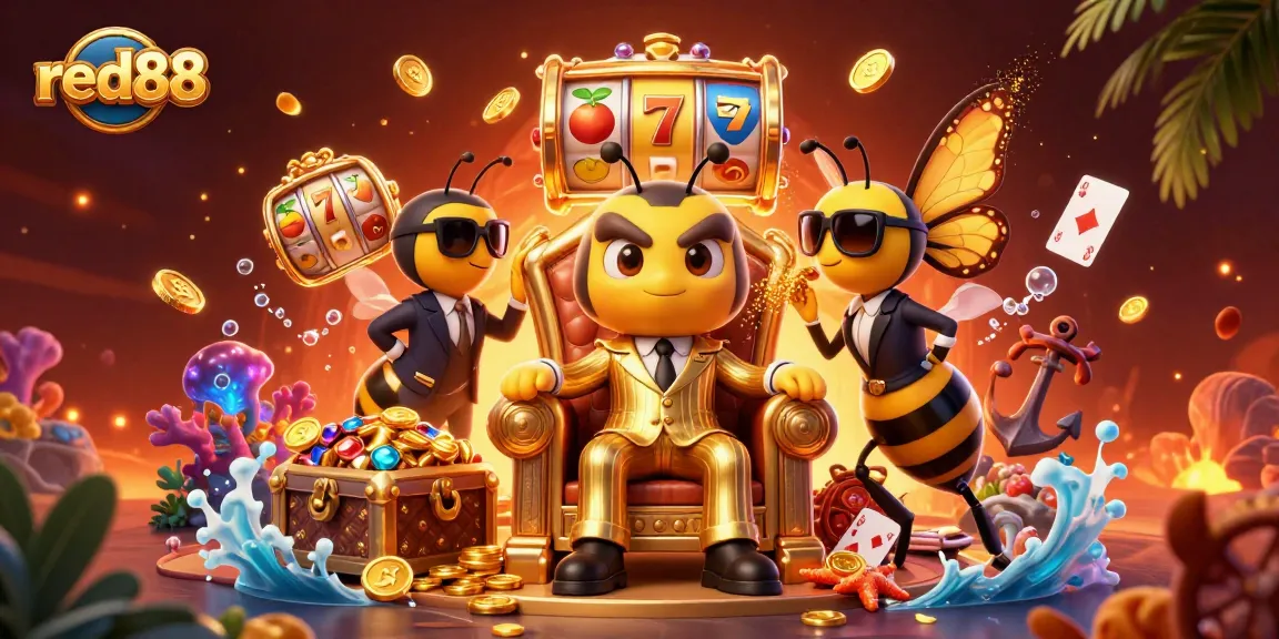 red88 thrills with a vibrant 3D scene showcasing a cartoon bee mob boss and casino elements.