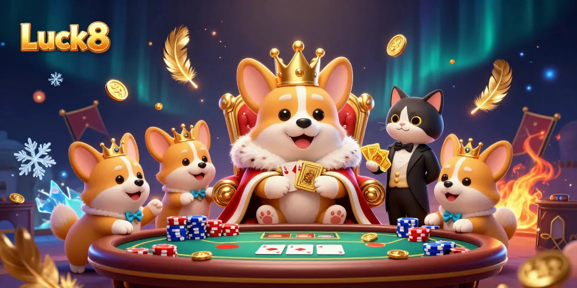 Luck8 gaming scene showcasing a royal corgi on a poker throne, dynamic casino atmosphere with betting tokens.