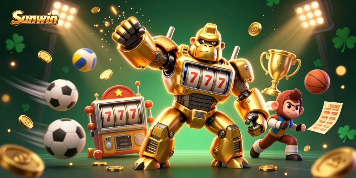 Experience thrilling action at Sunwin with our golden gorilla mech and sports elements, celebrating gaming excitement.