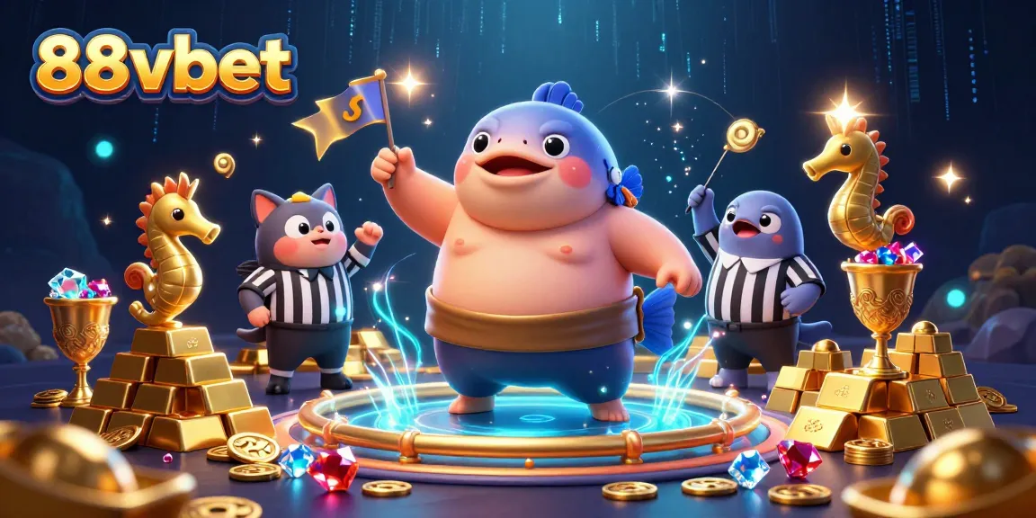 Engage with exciting 88vbet gameplay in this vibrant underwater casino illustration featuring unique characters and gold treasures.