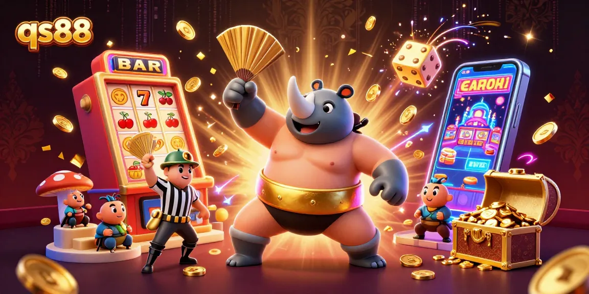 Experience thrilling qs88 gaming action with dynamic casino elements in vibrant 3D illustration.
