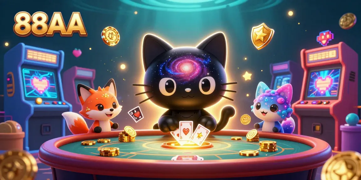 Engage with 88AA's immersive cosmic casino experience featuring a black hole cat and colorful nebula fox