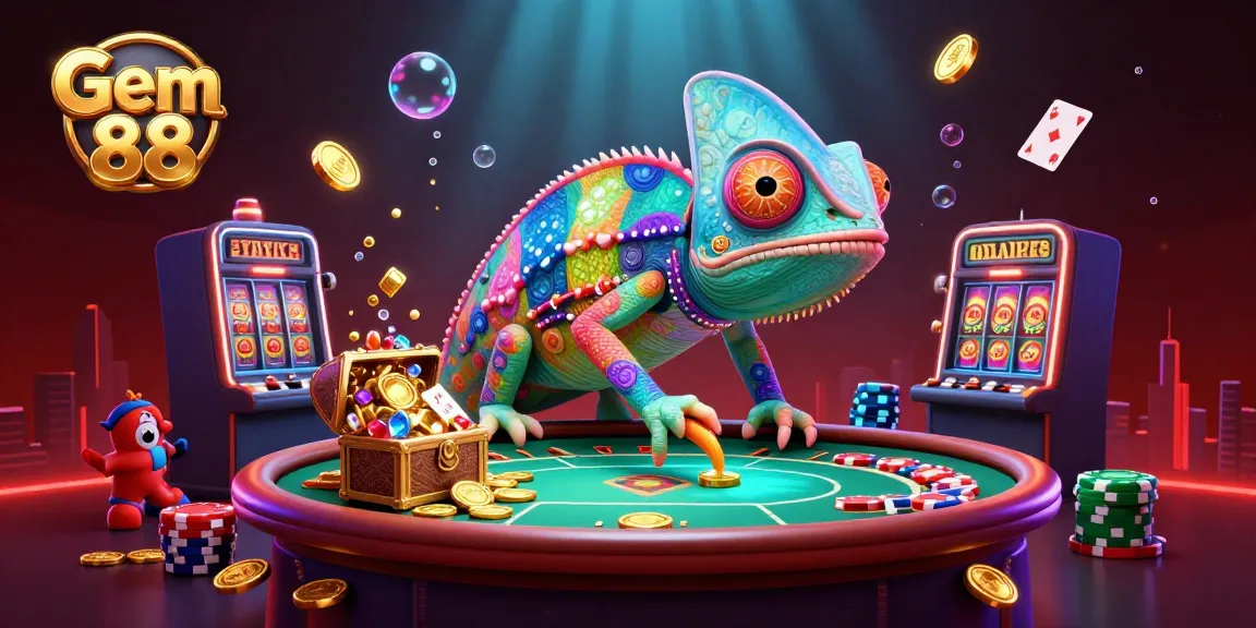 Experience Gem 88's vibrant casino environment with playful chameleon and dynamic gaming elements.