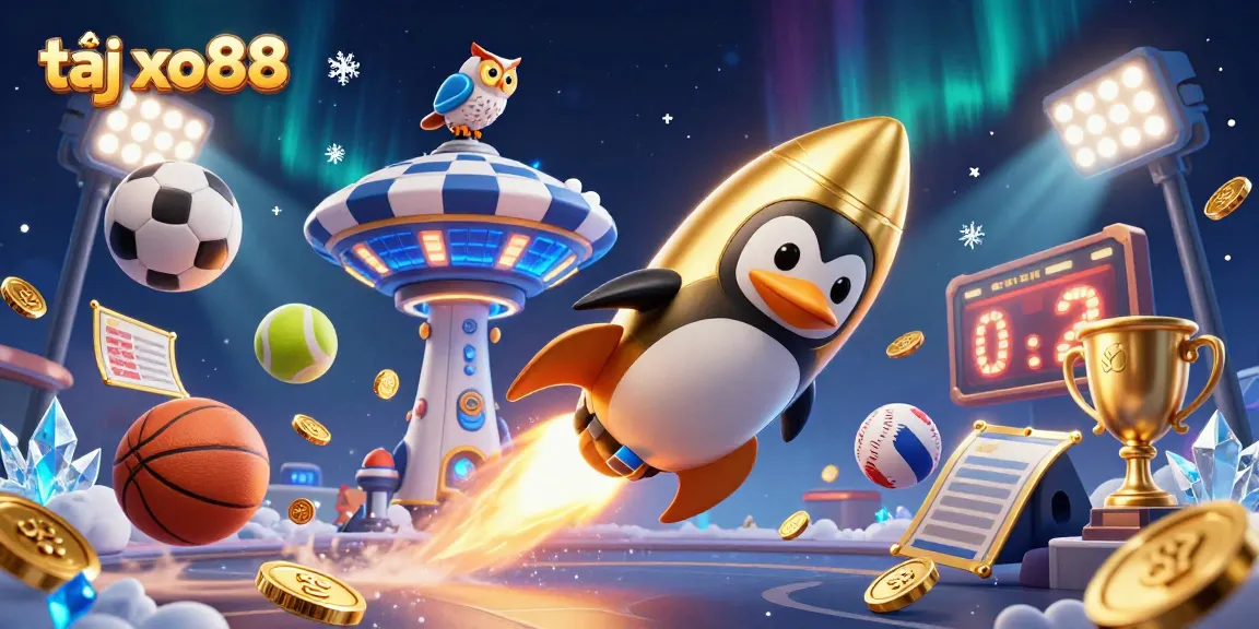 Join the fun at tại xo88 with a dynamic scene of a golden penguin and sports elements in space.