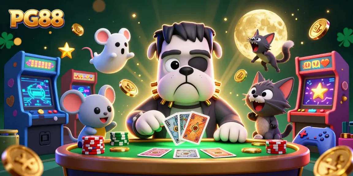 Engage with PG88 as the Frankenstein bulldog monster deals cards amidst a vibrant casino scene filled with excitement.