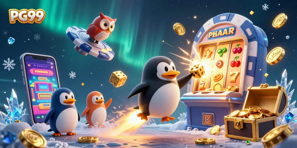 Experience PG99’s vibrant casino adventure with a golden penguin and treasure-filled slot machines.