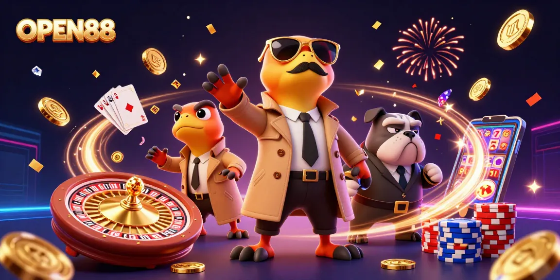 Engaging OPEN88 casino scene with raptors in a trench coat, vibrant game elements, and dynamic atmosphere.