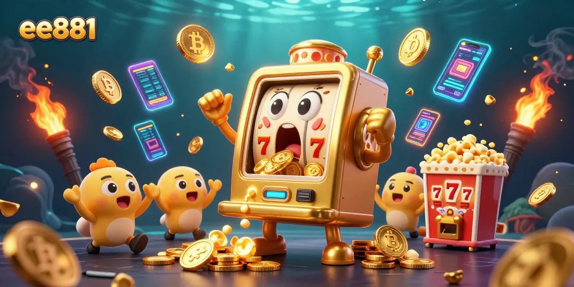 Experience the excitement of ee881 with a golden slot machine hitting a jackpot amidst a vibrant casino scene.