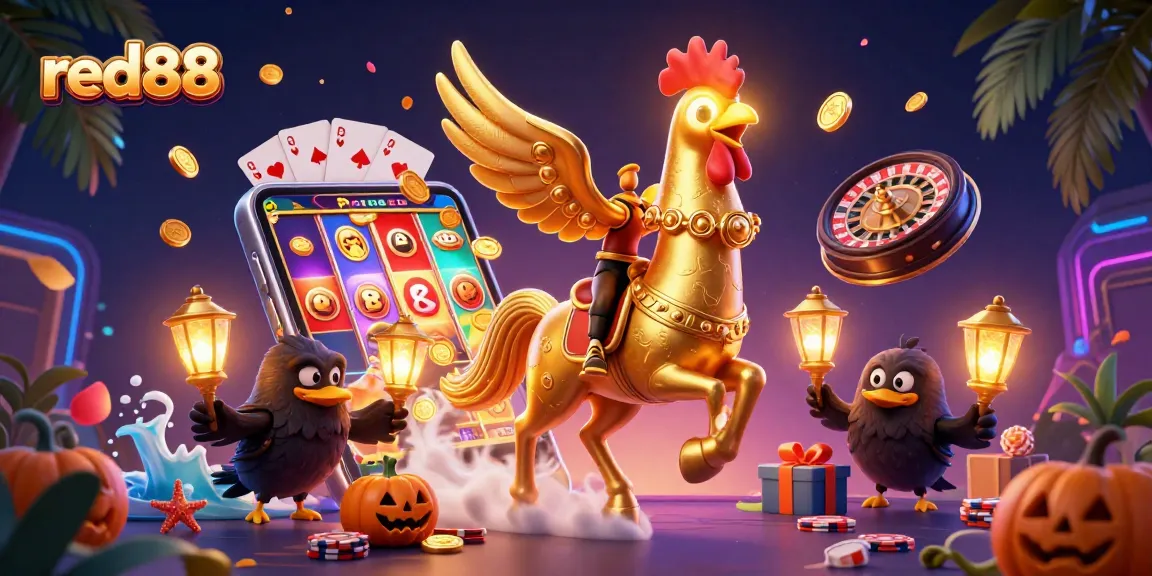 Experience the excitement of red88 with a golden rooster and vibrant gaming elements in a midnight casino.