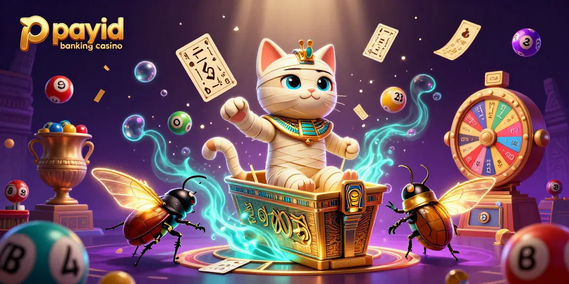 Engage with the payid banking casino in vibrant 3D, featuring a mummy cat and dynamic game elements.