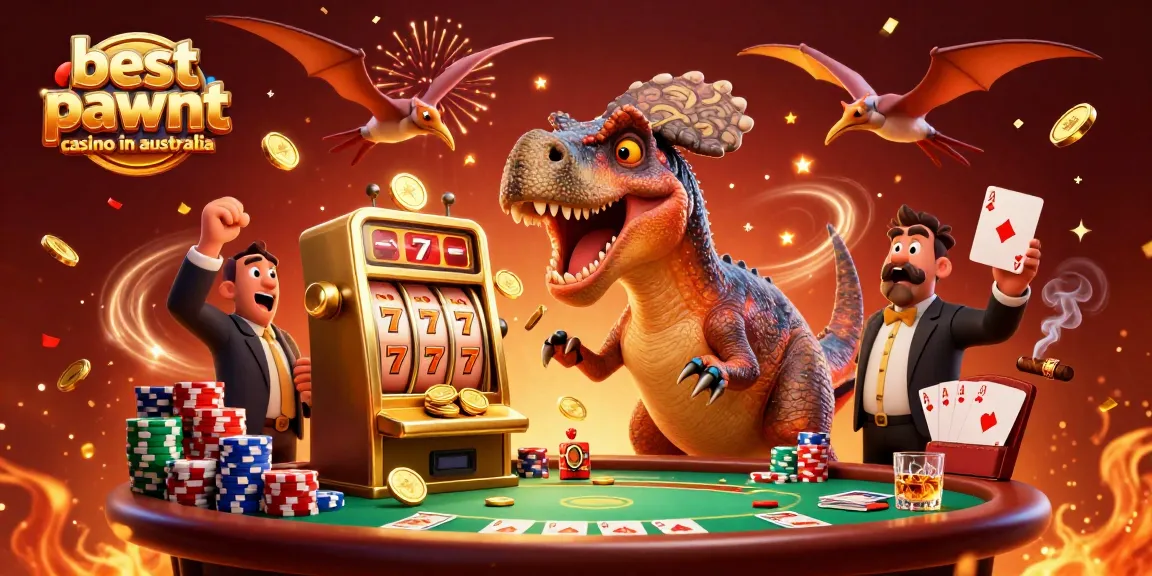 The pachycephalosaurus celebrates at the best payout casino in Australia, winning jackpot coins while a manager waves clumsily beside a pteranodon.